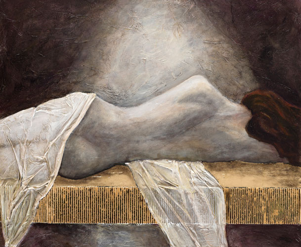 2010 - Acrílico, carboncillo, bistro, pan de bronce, cartón sobre lienzo / acrylic, charcoal, bistro, sheet of bronze, cardboard on canvas, 95 x 120 cm | 37'' x 47''